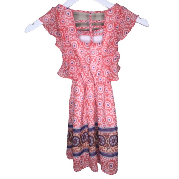 DEX Border Angel Sleeve Dress With Geo Print & Caged Open Back Coral Pink 6Y - Picture 6 of 7